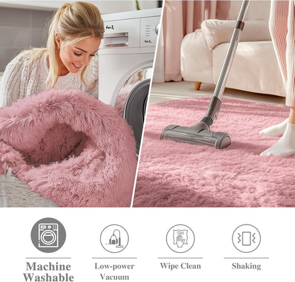 OLANLY Round Pink Area Rug - Soft, Fluffy, Machine Washable 9 ft Circle Carpet for Bedroom & Nursery Decor