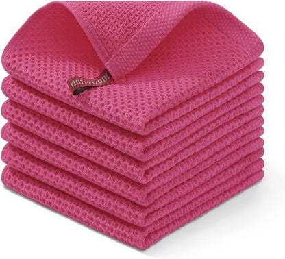 Homaxy Kitchen Dish Cloths - 100% Cotton Waffle Weave, Ultra Soft & Absorbent, 12x12 Inches, 6-Pack | Hot Pink