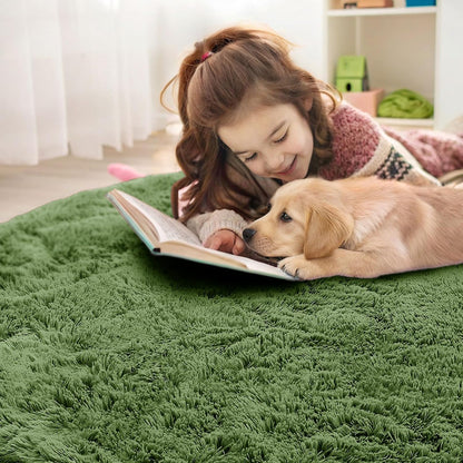 OLANLY Green Round Area Rug - Soft, Fluffy, Machine Washable 4 ft Circle Carpet for Bedroom & Living Room Decor