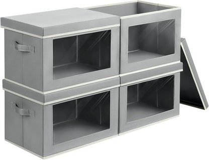 Homsorout Collapsible Storage Bins - 4 Pack Fabric Organizers with Lids & Windows | Grey Closet Cubes