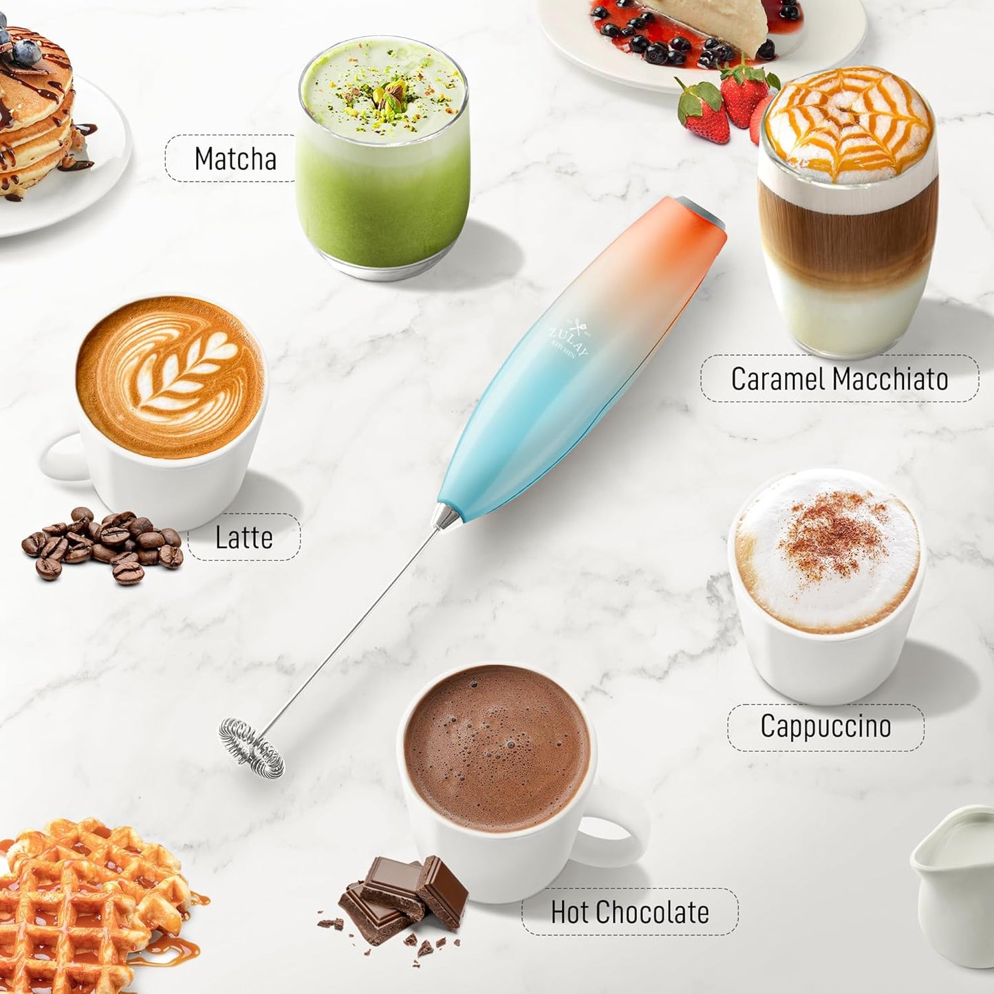 Zulay Kitchen Milk Frother Handheld Electric Whisk with AA Duracell Batteries – Durable Drink Mixer for Coffee, Lattes, Cappuccinos & More - Sunrise