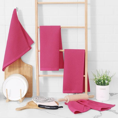 Homaxy 100% Cotton Waffle Weave Dish Towels - Ultra Soft & Absorbent | 13 x 28 Inches, 4-Pack, Hot Pink