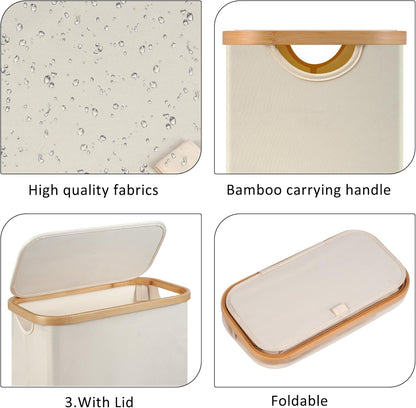 Regine Switzerland Slim Laundry Hamper - 60L Narrow Design with Lid & Bamboo Handle | Beige
