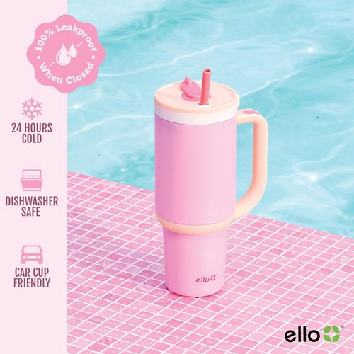 Ello Oasis 24 oz Tumbler - Insulated Stainless Steel with Handle & Retracting Straw | 100% Leakproof, Keeps Drinks Cold for 24 Hours, Sunrise Glow