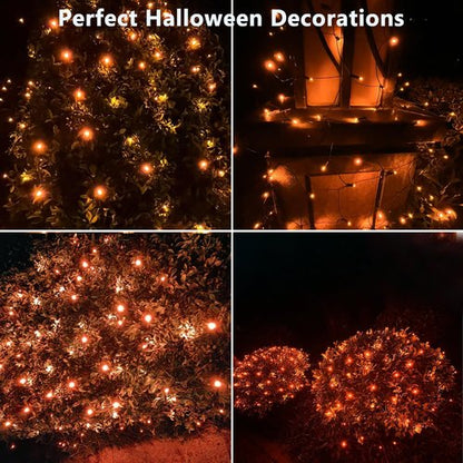 HISHINY Halloween Lights - 100 LED Waterproof Orange Net Lights | 5ft x 5ft Durable Green Wire Design