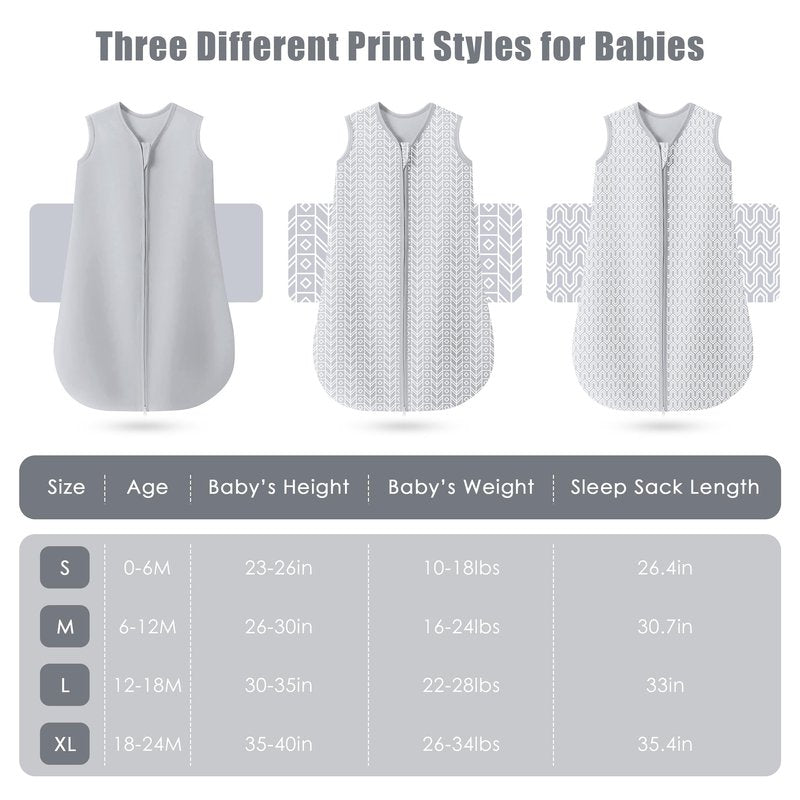 SWEET DOLPHIN Baby Sleep Sack 0-6 Months - 100% Cotton 2-Way Zipper TOG 0.5 Infant Wearable Blanket, Newborn Essentials Toddler 3 Pack Sleeping Sacks - Grey