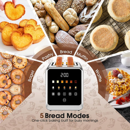 Skiennix Touch Screen Toaster - 2 Slice Stainless Steel Smart Toaster with Memory Function & 6 Shade Settings