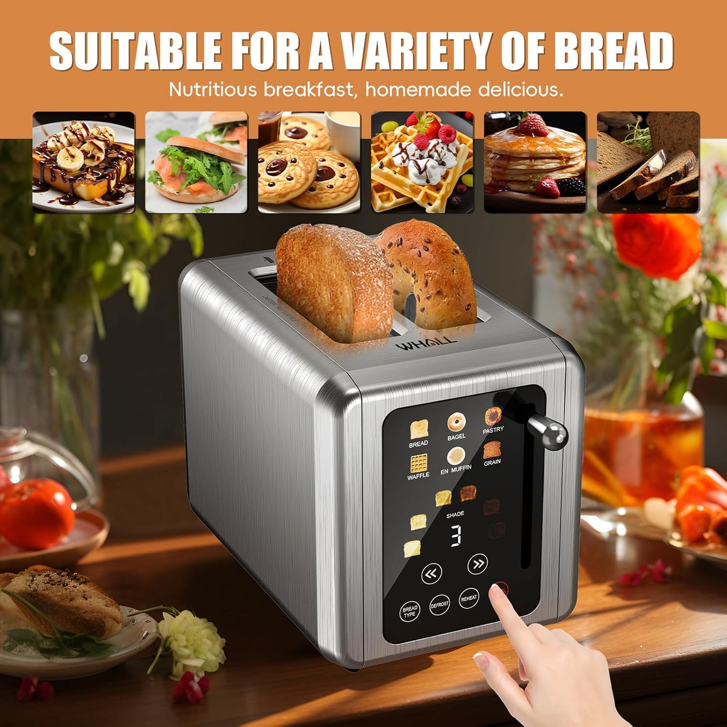 WHALL® Touch Screen Toaster - 2 Slice Stainless Steel with Digital Timer, 6 Bread Types & Shade Settings