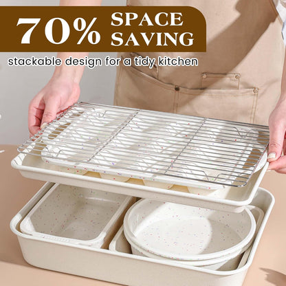 Skiennix Silicone Baking Pans Set - 8 Pcs Nonstick Bakeware with Metal Reinforced Frame | Cream Color
