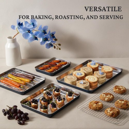 BRONYPRO Stainless Steel Baking Sheet Set - Non-Toxic Cookie Sheets with Wire Racks | 9/12/16 Inch, Navy