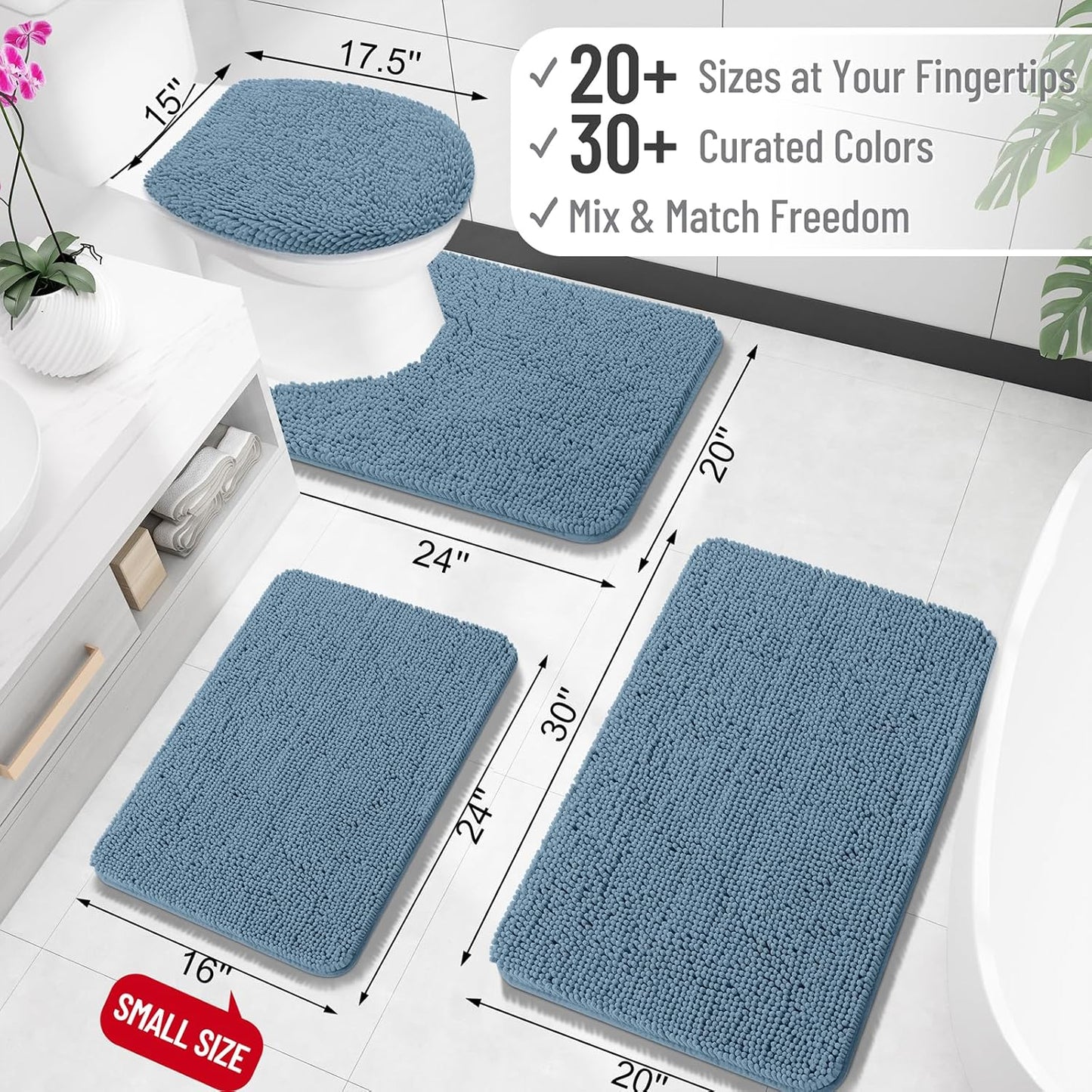 OLANLY Bath Rugs - Extra Soft Absorbent Chenille Mats with Rubber Backing | 30x18 Inches, Airy Blue