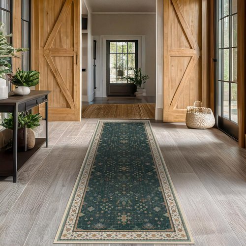 Hazo Haus Dark Green Kitchen Rug - Modern Vintage Boho Floral Design, Washable Non-Slip 10 ft Runner