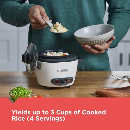 BLACK+DECKER 3-Cup Rice Cooker - One-Touch Operation, Removable Non-Stick Bowl, Steaming Basket | White