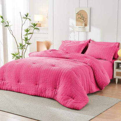 HYMOKEGE Hot Pink California King Comforter Set Seersucker 7 Pieces, All Season Luxury Bed in a Bag for Bedroom, Bedding Set with Comforter, Sheets, Pillowcases & Shams