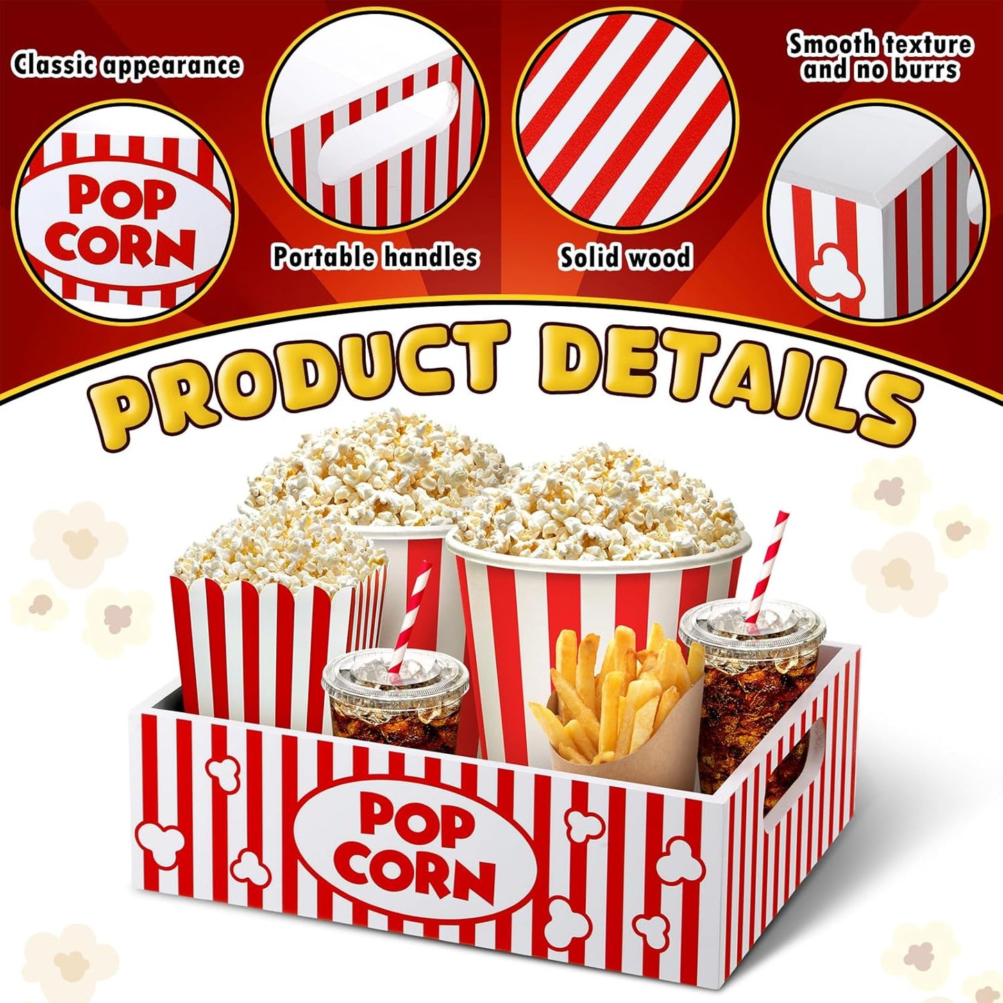 Skiennix Snack Trays - Reusable Wooden Movie Night Gift Basket with Handles | Striped Popcorn Container