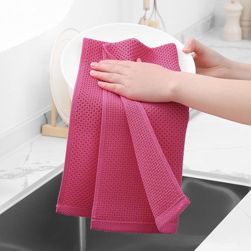Homaxy Kitchen Dish Towels - Ultra Soft 100% Cotton Waffle Weave, Quick Drying, 13 x 28 Inches, 8-Pack, Hot Pink