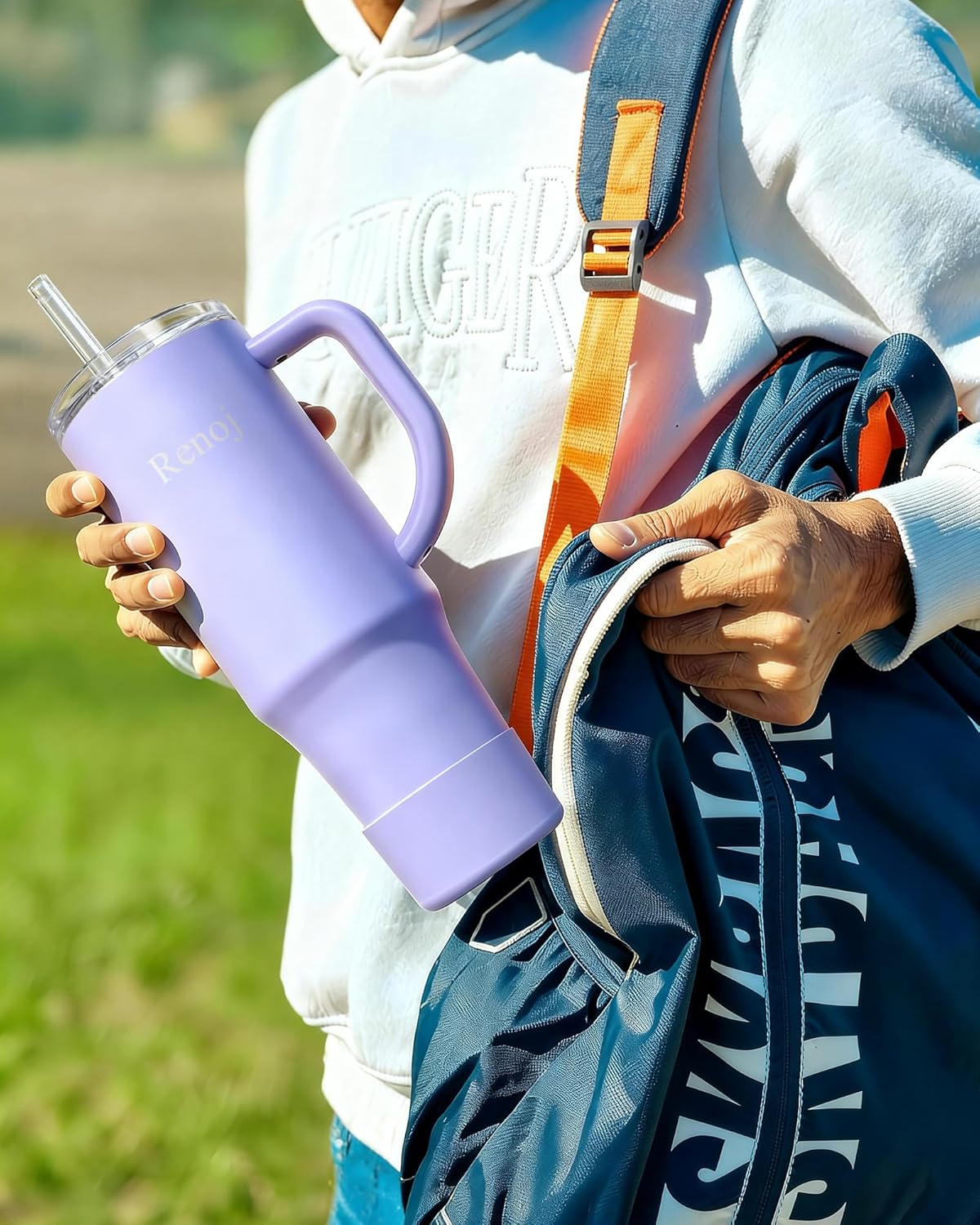 Renoj Insulated Mug | 100% Spill Resistant Water Bottle for Iced Coffee & Hot Drinks - 32 oz FlexSlide Blue, Fits Car Cup Holder, Includes 2 Straws & Silicone Boot