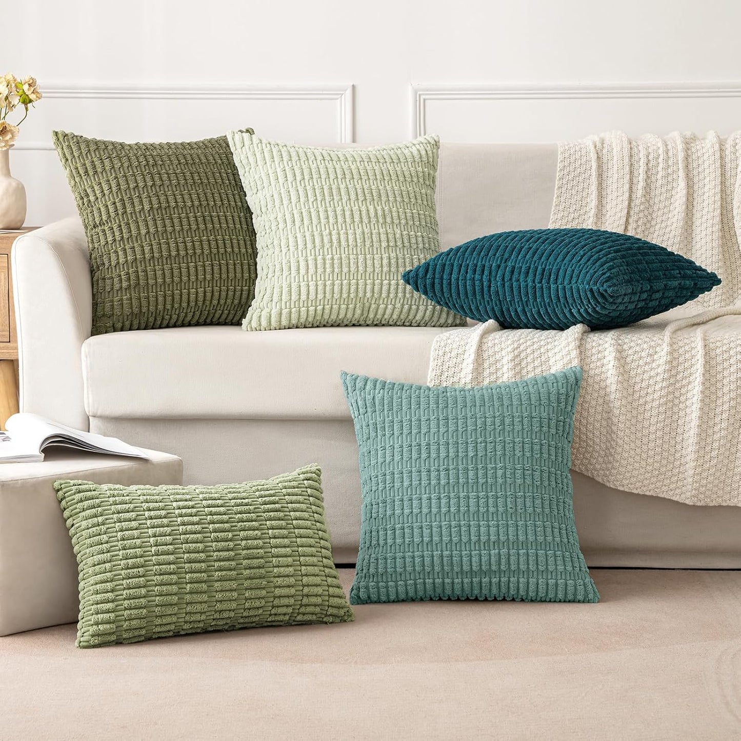 MIULEE Corduroy Throw Pillow Covers - Soft Boho Striped Design | 18x18 Inch Teal Green for Modern Home Decor