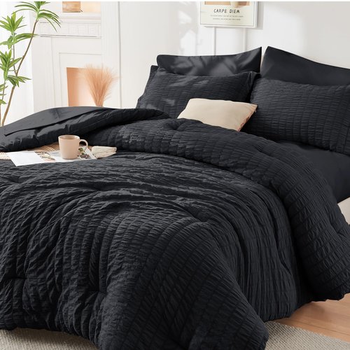 HYMOKEGE Black Oversized King Comforter Set Seersucker 7 Pieces, All Season Luxury Bed in a Bag for Bedroom, Bedding Set with Comforter, Sheets, Pillowcases & Shams
