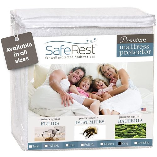 SafeRest Waterproof King Size Mattress Protector - Fitted with Stretchable Pockets - Machine Washable Cotton Blend Mattress Cover for Bed