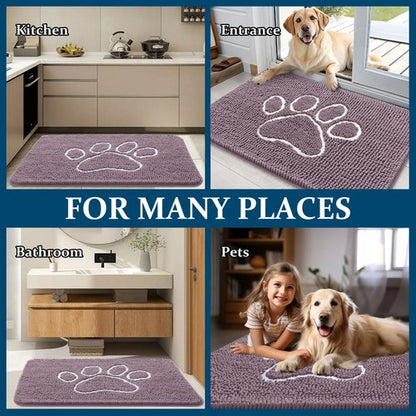 OLANLY Dog Door Mat for Muddy Paws 30x20, Paw Print Design, Absorbs Moisture and Dirt, Absorbent Non-Slip Washable Doormat, Quick Dry Chenille Mud Mat, Entry Indoor Entryway Carpet, Deep Plum