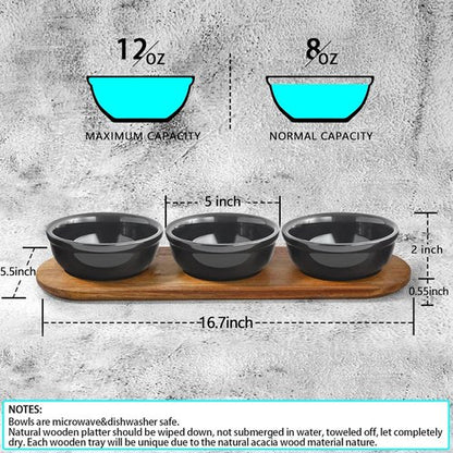 Artena Chip and Dip Serving Set - 12 oz Solid Ceramic with Acacia Tray & Black Dipping Bowls