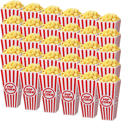 Yuxung 30 Pack Plastic Popcorn Boxes - Classic Red and White Striped Buckets for Movie Night | 7.7 x 3.9 x 2.4 Inch