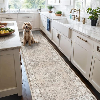 Hallway Washable Runner Rug - Vintage Soft Non-Slip Indoor Carpet | 2x10 Beige for Kitchen & Entryway