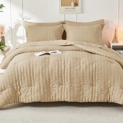 HYMOKEGE Khaki Full Size Comforter Sets Seersucker 7 Pieces, All Season Luxury Bed in a Bag for Bedroom, Bedding Set with Comforter, Sheets, Pillowcases & Shams