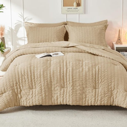 HYMOKEGE Khaki Full Size Comforter Sets Seersucker 7 Pieces, All Season Luxury Bed in a Bag for Bedroom, Bedding Set with Comforter, Sheets, Pillowcases & Shams