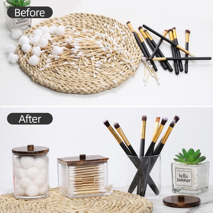 Tbestmax Cotton Swab Holder - 10 OZ Apothecary Jar Organizer with Brown Wood Lid for Bathroom Storage