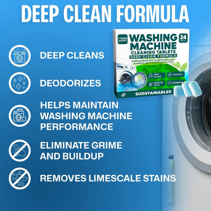 Sudstainables Washing Machine Cleaner Tablets (24-Pack) – Deep Clean Odor & Residue Remover for Front & Top Load Washers, HE & Septic Safe Washing Machine Tub Cleaner for Long-Lasting Freshness