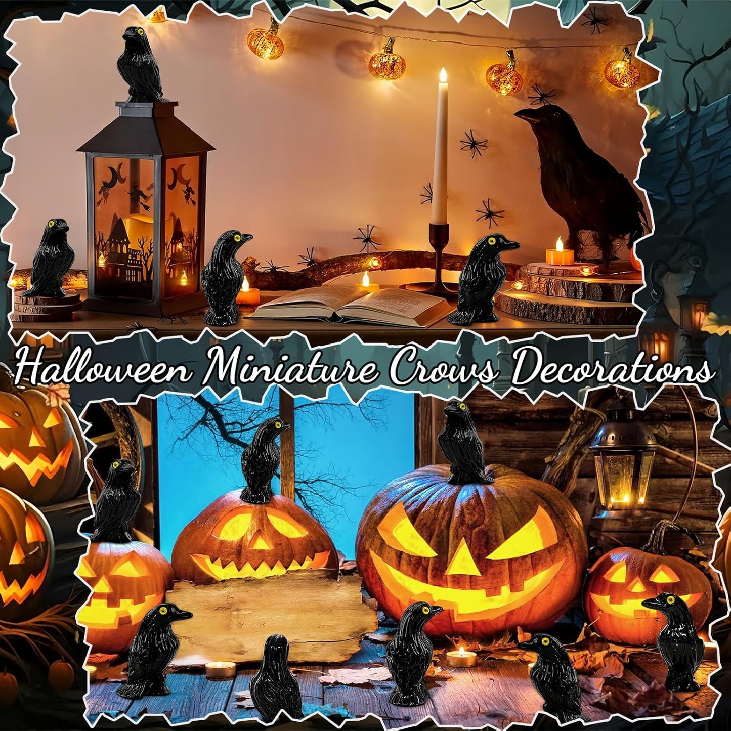 Skiennix Miniature Crows Figurines - 36pcs Tiny Black Raven Cake Toppers for Halloween Decor