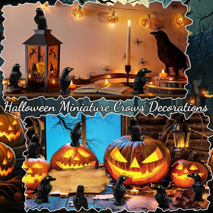 Skiennix Miniature Crows Figurines - 36pcs Tiny Black Raven Cake Toppers for Halloween Decor
