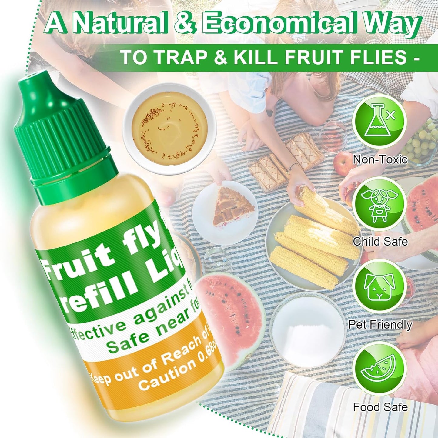 Qualirey Fruit Fly Trap Refill Liquid - 6 Pack, Non-Toxic Bait Safe for Pets & Kids, 0.68oz Each