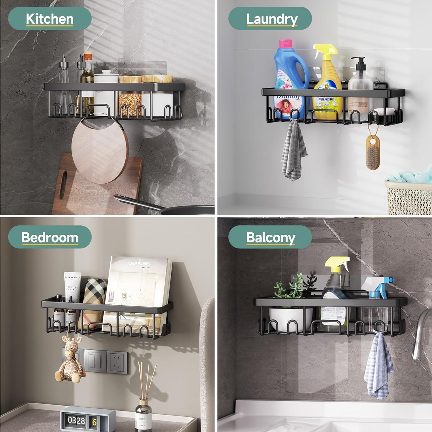 Veken Shower Caddy - Rustproof & Waterproof Adhesive Corner Shelves | 5-Pack Large Bathroom Organizer in Black