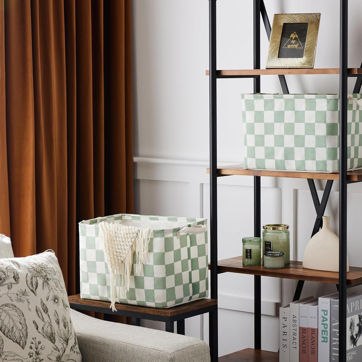 Ohocut Sage Green Checkered Canvas Basket - Decorative Storage for Kids & Pets | Rectangular Organizing Solution