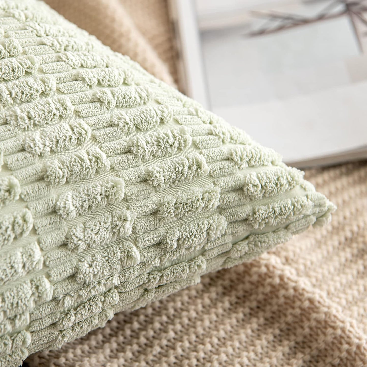 MIULEE Decorative Throw Pillow Covers - Soft Boho Striped Corduroy | Pack of 2, 18x18 Inch, Light Green