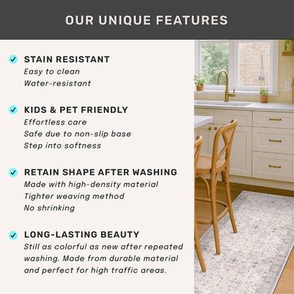 Hazo Haus Boho Light Grey Living Room Rug 10x12 - Modern Vintage Eclectic Floral Pastel Neutral Taupe, Washable Low Pile Non-Slip Extra Large Area Rugs for Dining Under Table Bedroom Lounge