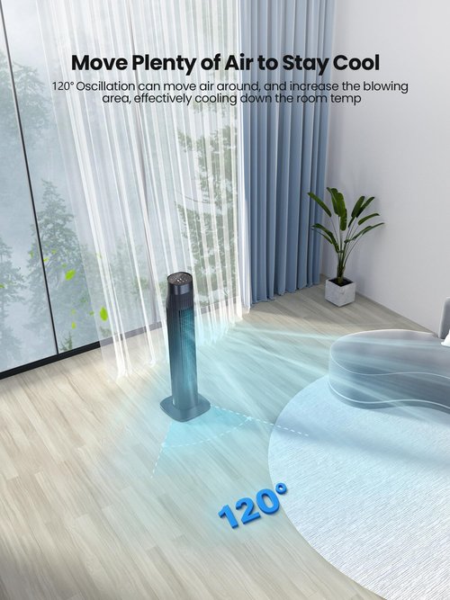 Uthfy 31”Tower Fan for Bedroom, 120° Oscillating Electric Bladeless Fan with Remote, 3 Speeds, 3 Modes, 7.5H Timer, 26ft/s Velocity Quiet Standing Fan for Home, Office, Living Room, Black