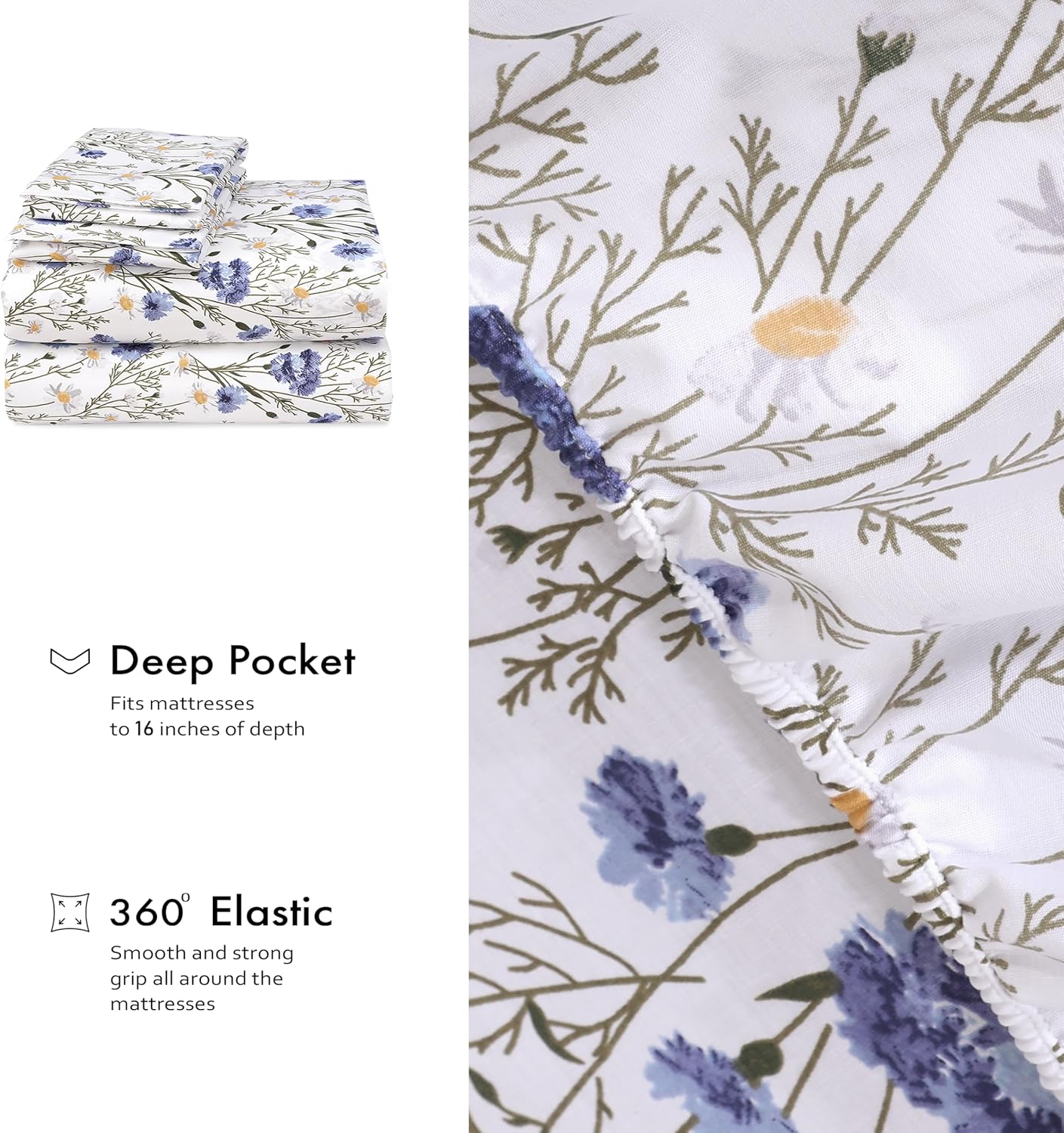 RUVANTI King Size Cotton Sheets - 100% Percale Bedding, Cooling Floral Design, 4-Piece Set, 16" Deep Pocket, Soft & Durable
