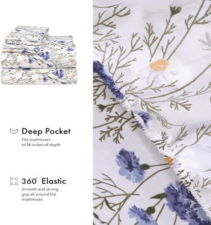 RUVANTI King Size Cotton Sheets - 100% Percale Bedding, Cooling Floral Design, 4-Piece Set, 16" Deep Pocket, Soft & Durable