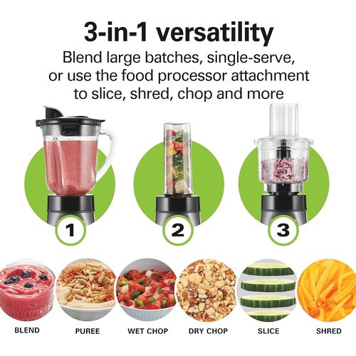 Hamilton Beach Blender & Food Processor Combo - 700W Power, 40oz Glass Jar, Gray & Black