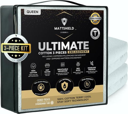 MATTSHIELD Ultimate Bed Bug-Proof Mattress Cover Kit | Queen Size 100% Cotton + 2 Zippered Pillow Protectors