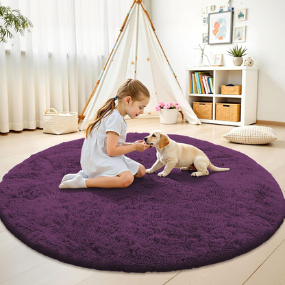 OLANLY Round Dark Purple Area Rug - Soft, Fluffy, Machine Washable 7 ft Circle Carpet for Bedroom & Living Room