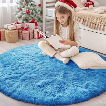 OLANLY Bright Blue Round Rugs for Bedroom - Machine Washable, 4 ft Circle Area Rugs for Living Room, Soft and Fluffy Shaggy Carpet for Teen Girl and Boys, Nursery Rooms, Dorms, Home Decor Aesthetic