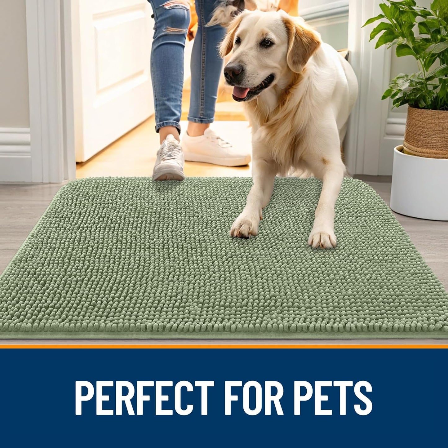 OLANLY Dog Door Mat - Absorbent Non-Slip Chenille for Muddy Paws | 40x24 Sage Green Quick Dry Doormat
