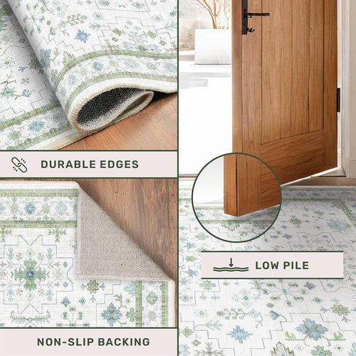 Hazo Haus Washable Rugs - Vintage Boho Floral Design | Blue & Green 3x6 Non-Slip Accent Rug
