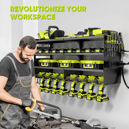 POKIPO Heavy-Duty Tool Organizer Wall Mount - 4-Layer Metal Rack with Charging Station & 8 Drill Holders