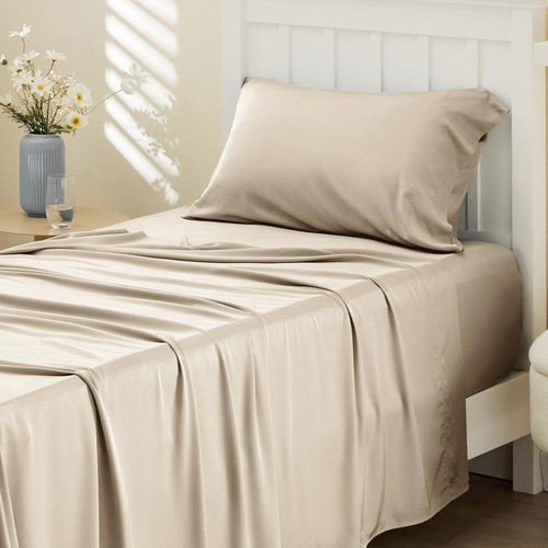 Bedsure Cooling Sheets - Twin Size Bamboo Rayon | Breathable, Soft & Luxurious Beige Bedding for Hot Sleepers